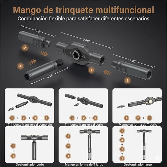 Destornillador de trinquete con mango en T y 24 puntas imantadas
