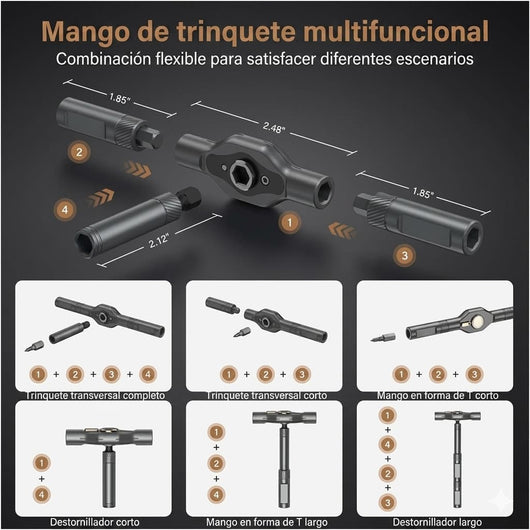 Destornillador de trinquete con mango en T y 24 puntas imantadas